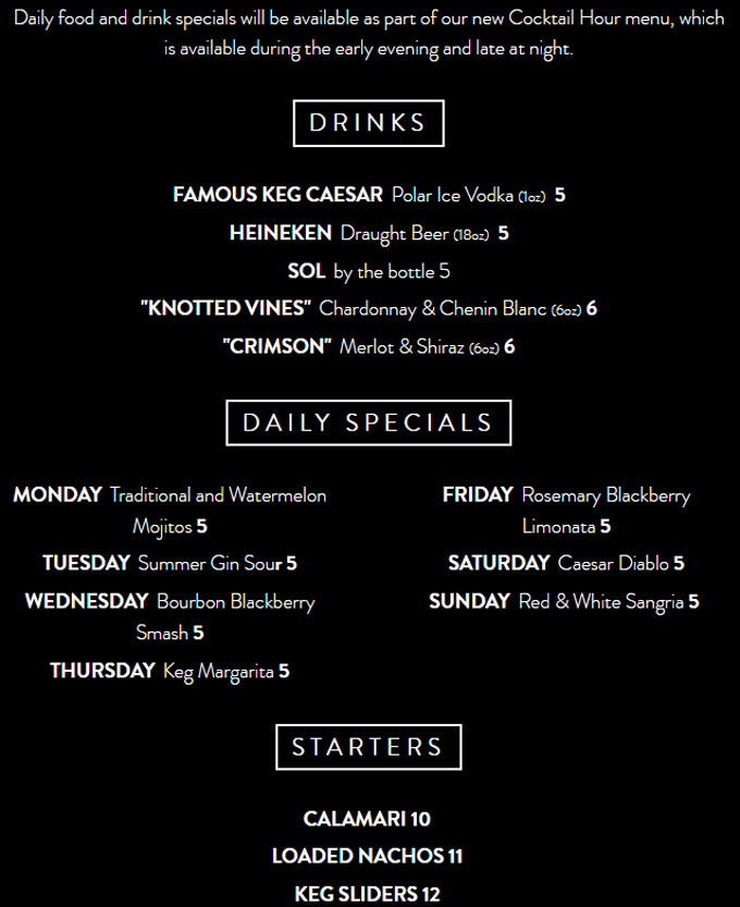 The Keg Cocktail Hour Features Daily Food and Drink Specials