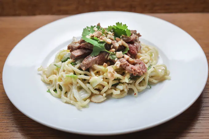 ice Noodle Salad with Grilled Steak and Harrisa Ginger Dressing
