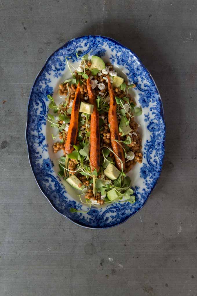 Roasted Carrot Salad with Micro Greens, Avocado-Thyme Vinaigrette