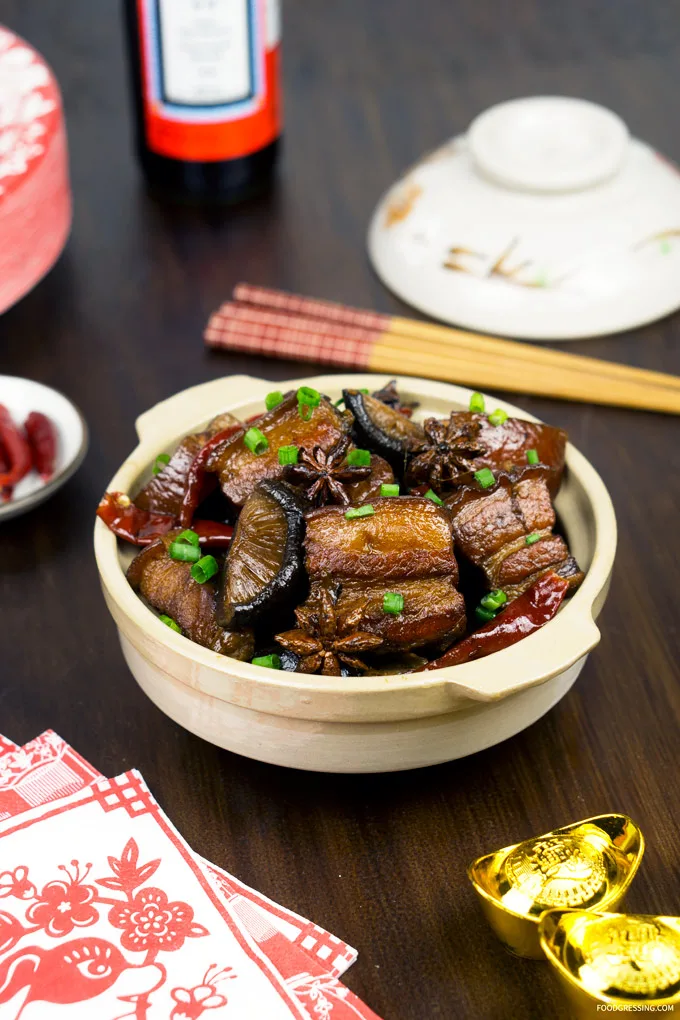 Spicy Red-Braised Pork Belly With Chinese Mushrooms