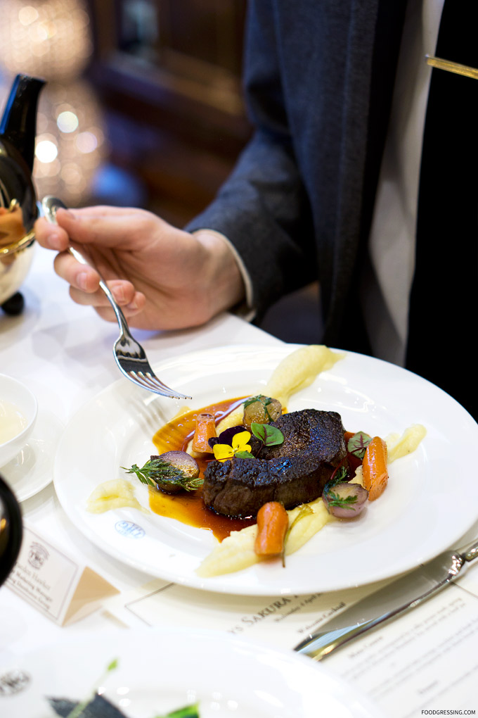 Wagyu beef tenderloin with a silky potato mash, spring carrots and cipollini onions glazed in Miraculous Mandarin Tea served with beef jus