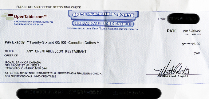 Opentable Dining Cheque Canada