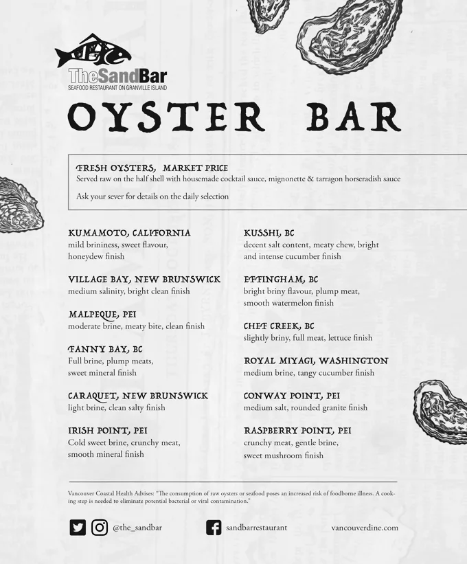 sandbar oyster bar menu granville island vancouver