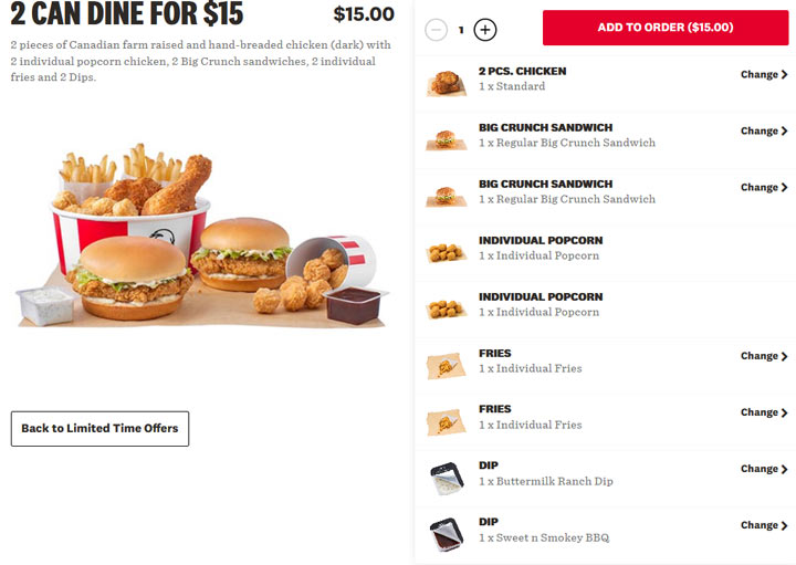 KFC 2 Can Dine for $15 Canada: Offer, Pickup, Delivery