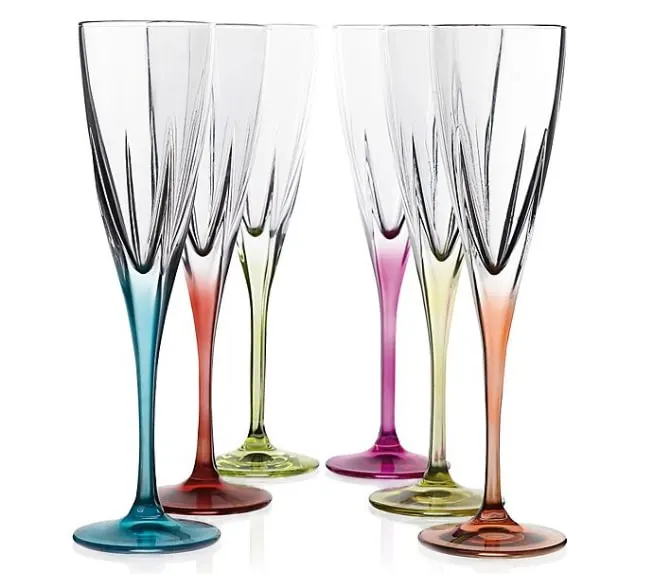 Lorren Home Trends Fusion Champagne Flutes. Crafted in Tuscany, each beautiful crystal glass boasts clean, modern lines and a surprising, bold burst of color that adds the perfect touch of whimsy.