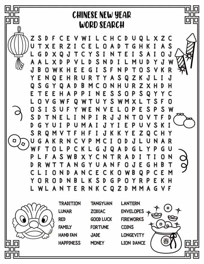 Chinese New Year Printables Free: Colouring Pages, Word Search, Bingo