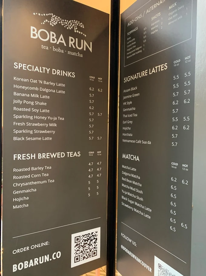 Boba Run Vancouver Menu