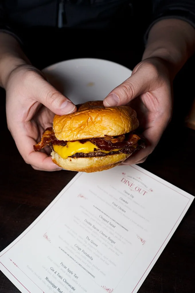 Double Bacon Cheese Burger: brisket & chuck smash patty, smoked bacon, secret sauce, American cheese, diced onion, pickle, potato bun