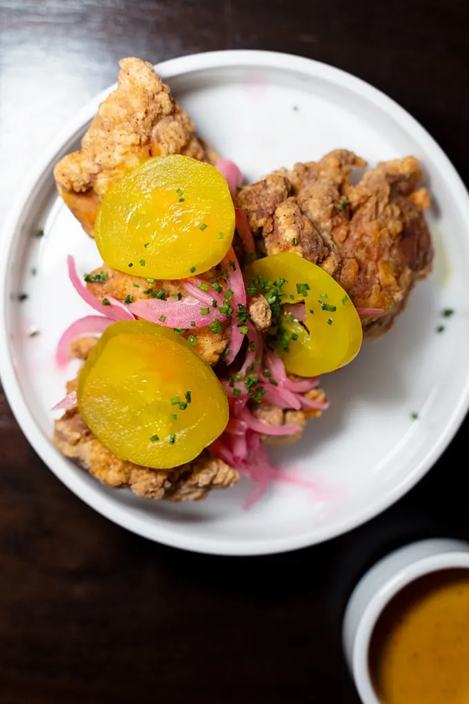 Buttermilk marinated fried chicken, honey mustard & house pickles