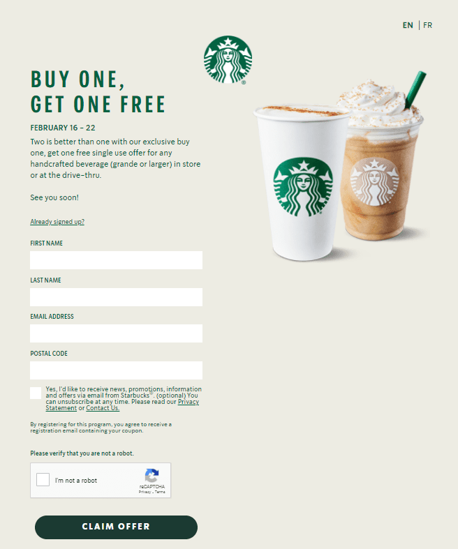Starbucks Buy One Get One Free February  2021 Canada