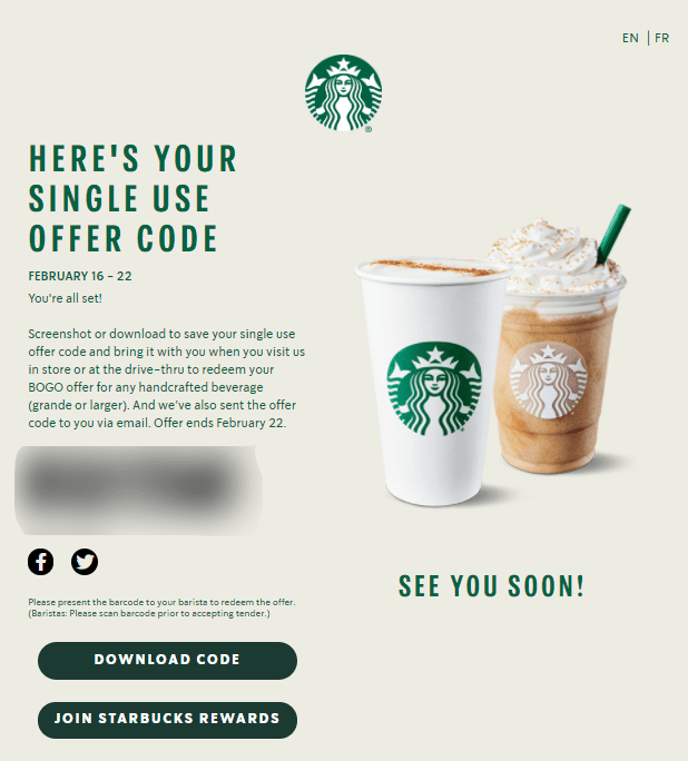 Starbucks Buy One Get One Free February  2021 Canada