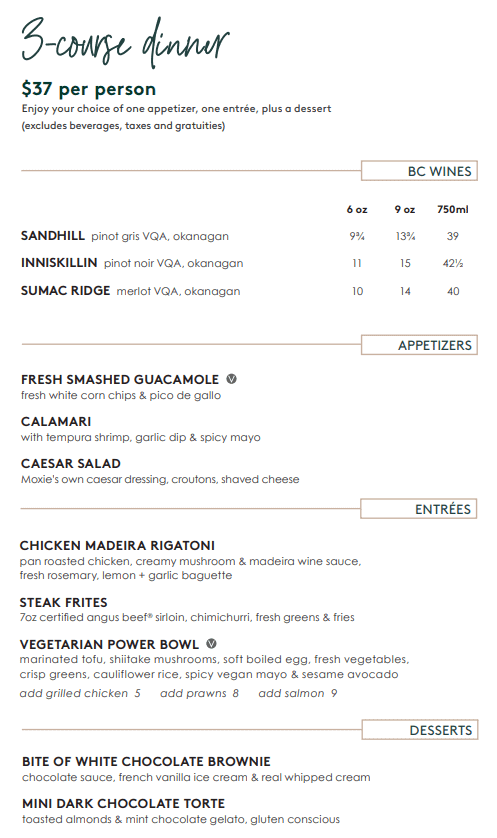 Moxies Dine Out Vancouver 2021 Menu