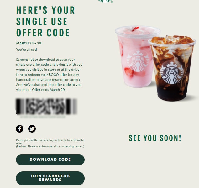 Starbucks Buy One Get One Free March 2021 Canada