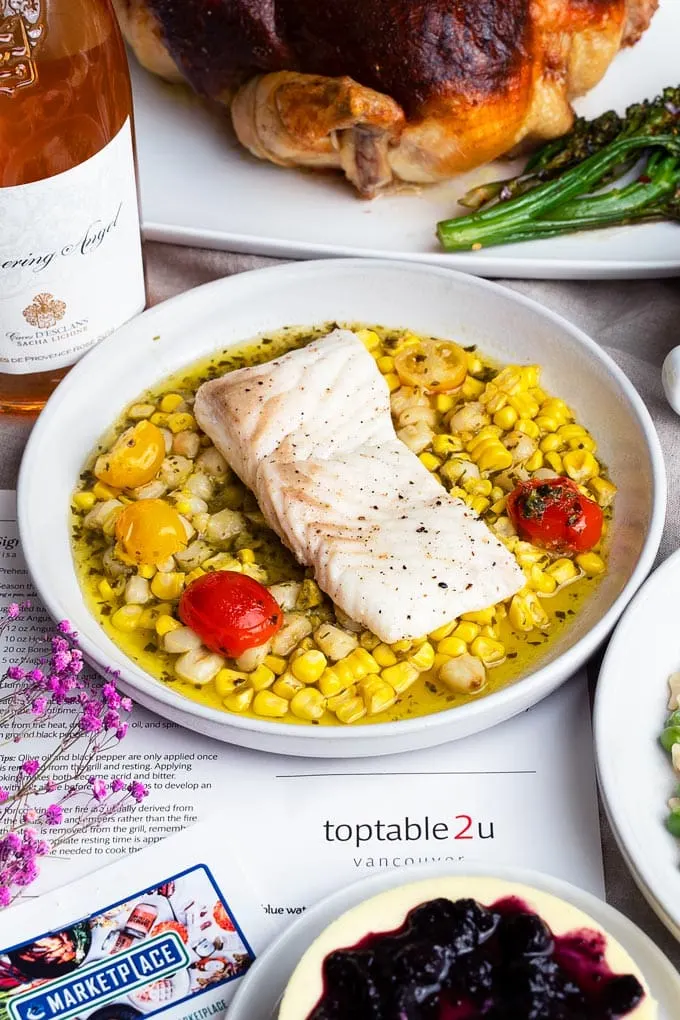 Roasted halibut with corn, hominy, cilantro and lime pozole verde