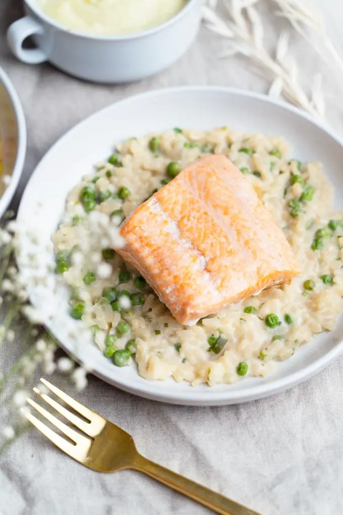 Slow-cooked salmon with English pea risotto