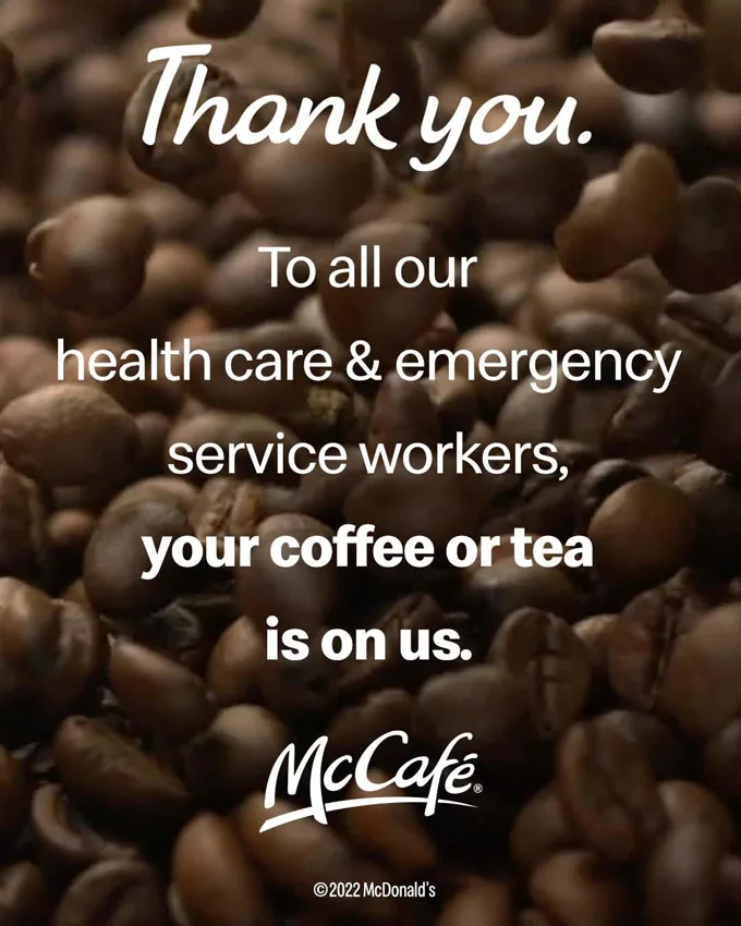 McDonald's Canada free McCaf&eacute; Coffee & Tea to Frontline Workers