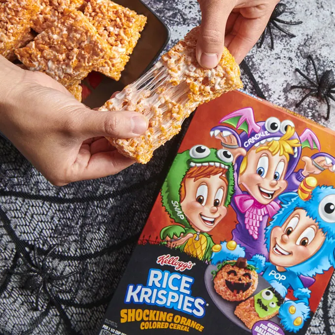Introducing new Kellogg's Rice Krispies Shocking Orange Colored Cereal – your new favorite ingredient for Halloween and fall-themed treats.