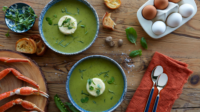 Pea Basil Soup Recipe with Crab Royale