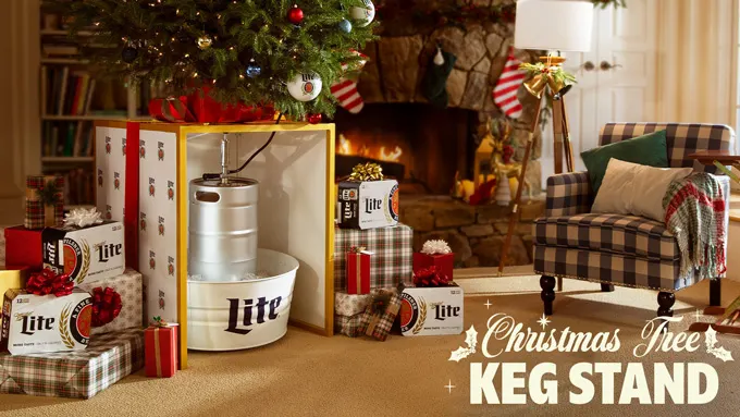 Miller Lite Holiday Gift Collection & Christmas Tree Keg Stands