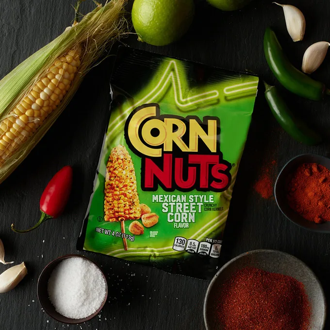 The makers of the CORN NUTS brand introduce a bold new flavor to the snacking aisle - CORN NUTS Mexican Street Corn flavored crunchy corn kernels