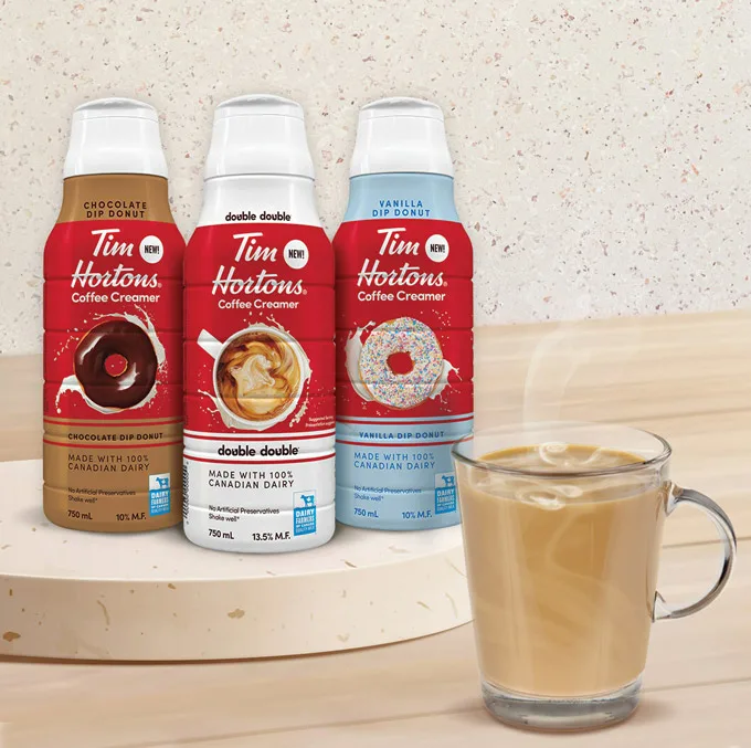 NEW Tim Hortons Coffee Creamers now available at grocery stores across Canada in three signature flavours: Double DoubleTM, Vanilla Dip Donut and Chocolate Dip Donut
