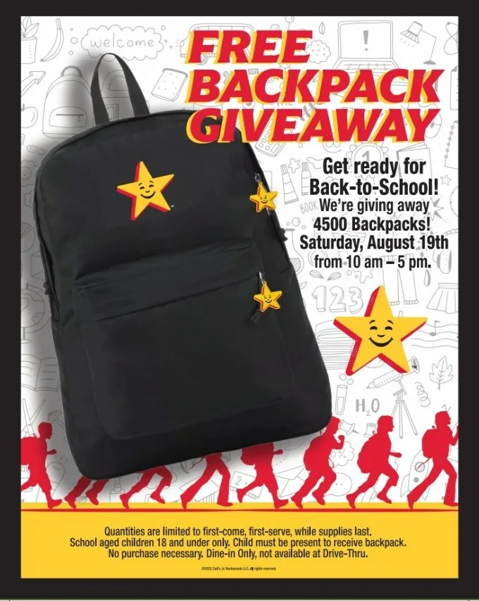 Carl's Jr. Announces Back-to-School Promotion with Free Backpacks