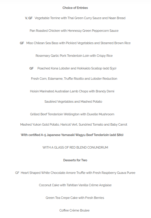 Valentine's Day Honolulu 2024 Restaurant, Hotel, Dinner Offerings