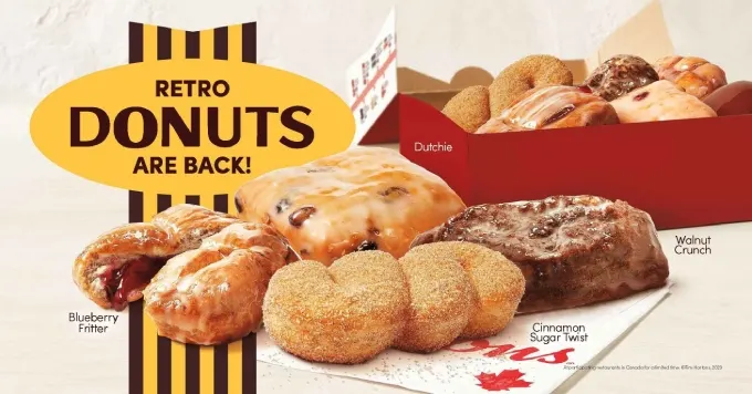 Tim Hortons is turning 60 Get ready to join Tims for a year of festivities starting with the return of four retro donuts - the Dutchie, Blueberry Fritter, Cinnamon Sugar Twist and Walnut Crunch - on Jan. 10 for a limited time