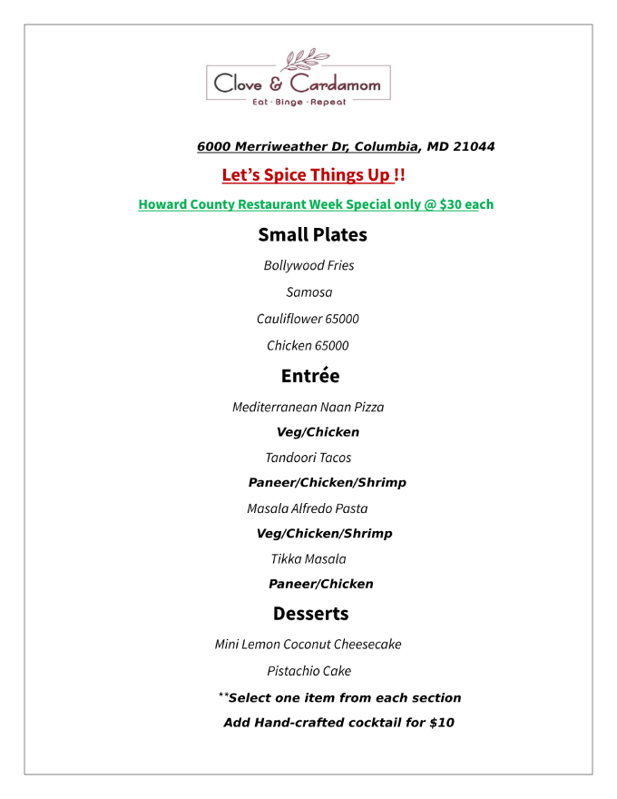 Howard County Restaurant Weeks 2024: Menus, Dates