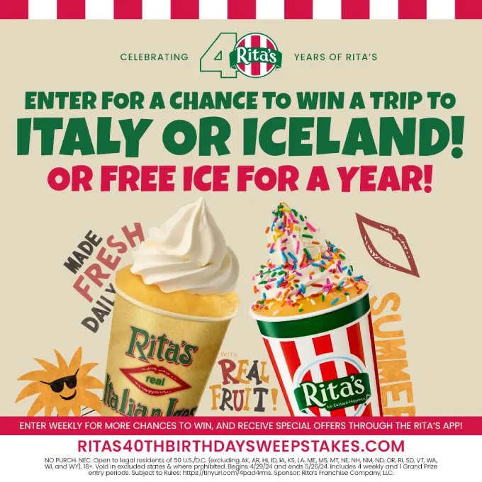 Rita&rsquo;s Launches 40th Birthday Celebration Sweepstakes Including a Trip to Italy or Iceland or Rita&rsquo;s for a Year