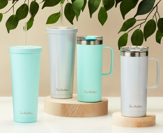 New Tim Hortons Everyday Drinkware Collection features a jumbo 1.2L/40oz straw tumbler and a selection of other stylish stainless steel cups