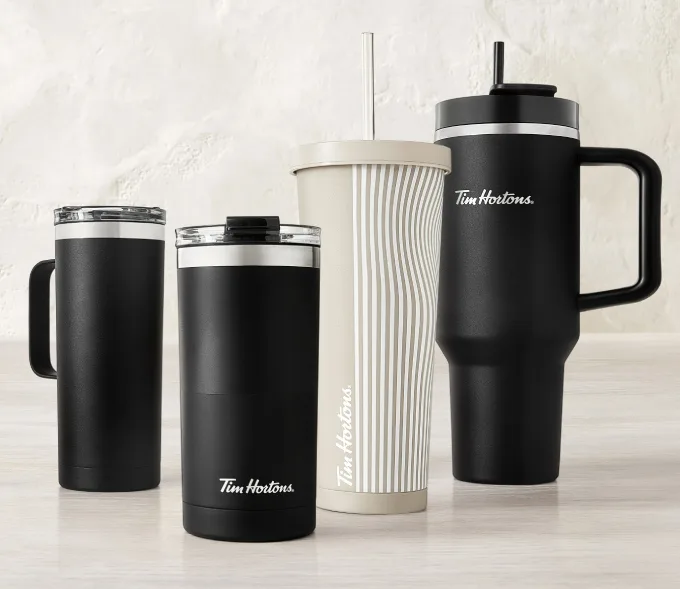New Tim Hortons Everyday Drinkware Collection features a jumbo 1.2L/40oz straw tumbler and a selection of other stylish stainless steel cups