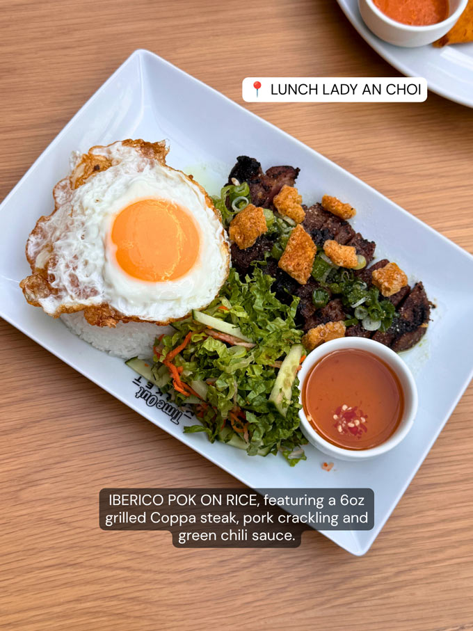 LUNCH LADY: Iberico Pork on Rice featuring a 6oz grilled Coppa steak, pork crackling and green chili sauce.